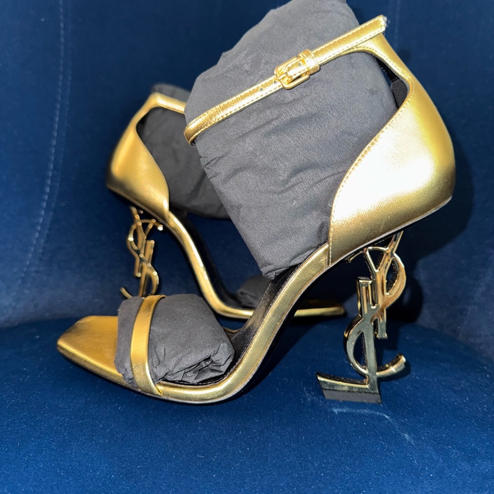 Saint Laurent Gold Heels with YSL Monogram